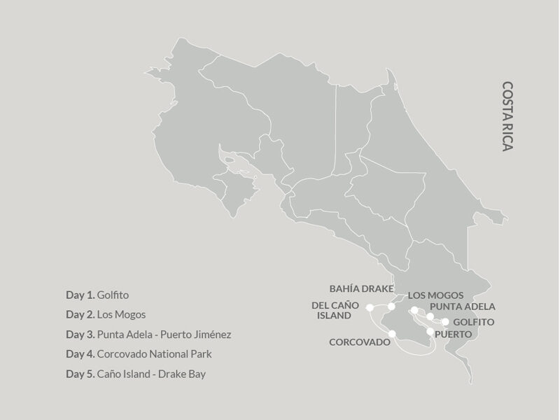 Route map of 5-day northbound Kontiki Pura Vida Expedition cruise from Golfito to Drake Bay, Costa Rica, with visits to the Osa Peninsula & Corcovado National Park.