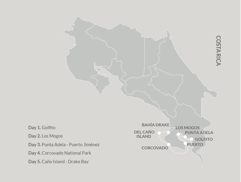 Route map of 5-day northbound Kontiki Pura Vida Expedition cruise from Golfito to Drake Bay, Costa Rica, with visits to the Osa Peninsula & Corcovado National Park.