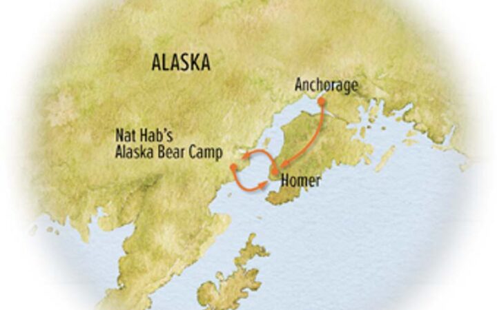 Route map of Alaska Bear Camp Adventure, showing the flight from Anchorage to Homer to Nat Habs Bear Camp