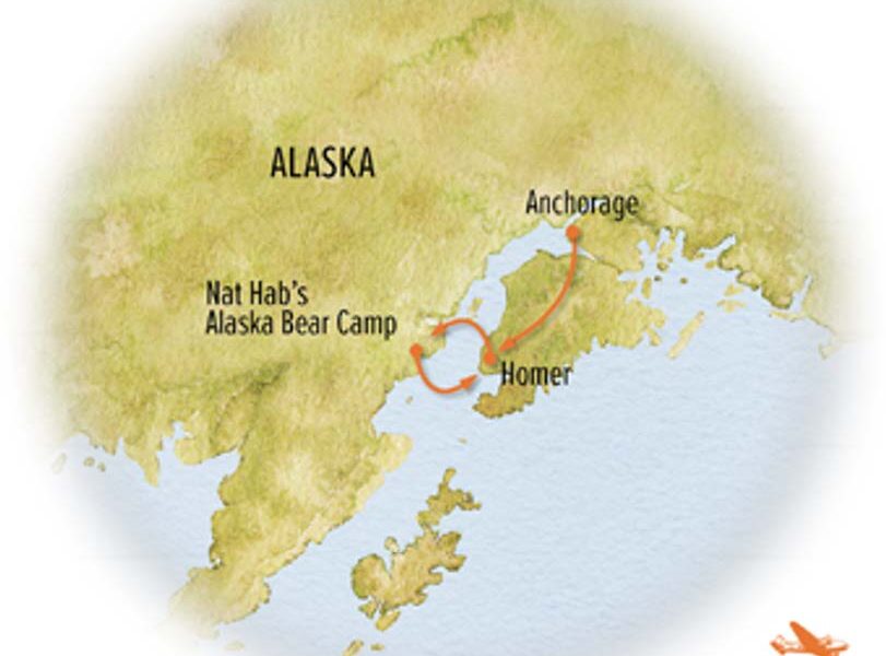 Route map of Alaska Bear Camp Adventure, showing the flight from Anchorage to Homer to Nat Habs Bear Camp