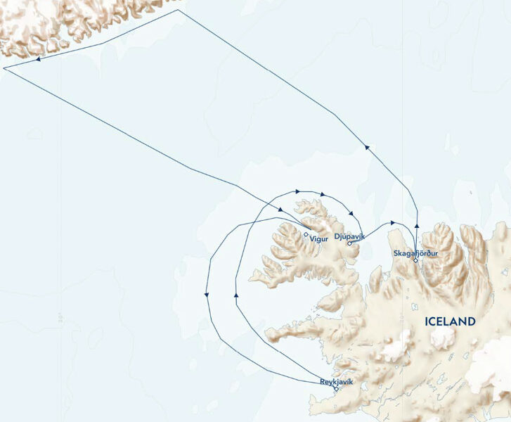 Route map of small ship cruise arctic edges Iceland westfjords east greenland aboard national geographic explorer