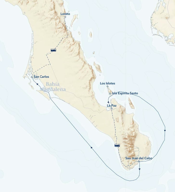 Route map of small ship cruise that goes from magdalena bay to the gulf of califorina