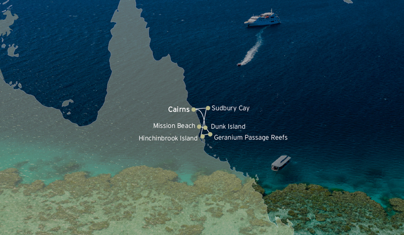 Route map of 5-day Coastal Adventures: Great Barrier Reef cruise round-trip from Cairns, Australia with visits to Mission Beach, Hinchinbrook Island, Geranium Passage Reefs, Dunk Island & Sudbury Cay.