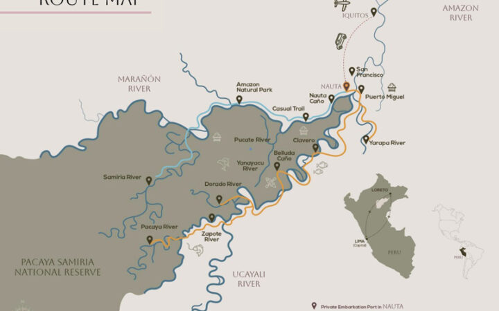 Route map of Delfin I & Delfin III Amazon River Cruises, operating round-trip from Iquitos, Peru, with embarkation & disembarkation in Nauta and visits along the Maranon or Ucayali Rivers & their tributaries.