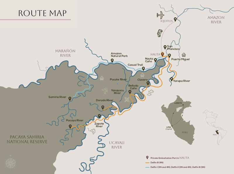 Route map of Delfin I & Delfin III Amazon River Cruises, operating round-trip from Iquitos, Peru, with embarkation & disembarkation in Nauta and visits along the Maranon or Ucayali Rivers & their tributaries.
