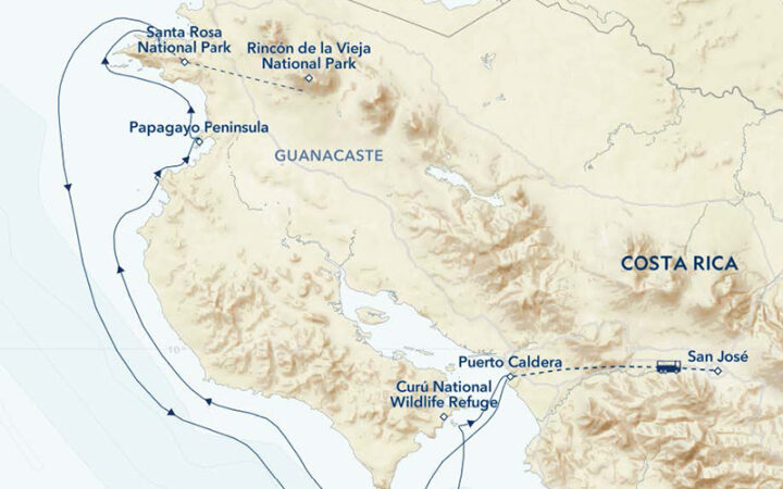 Route map of small ship cruise exploring the western coast of Costa Rica