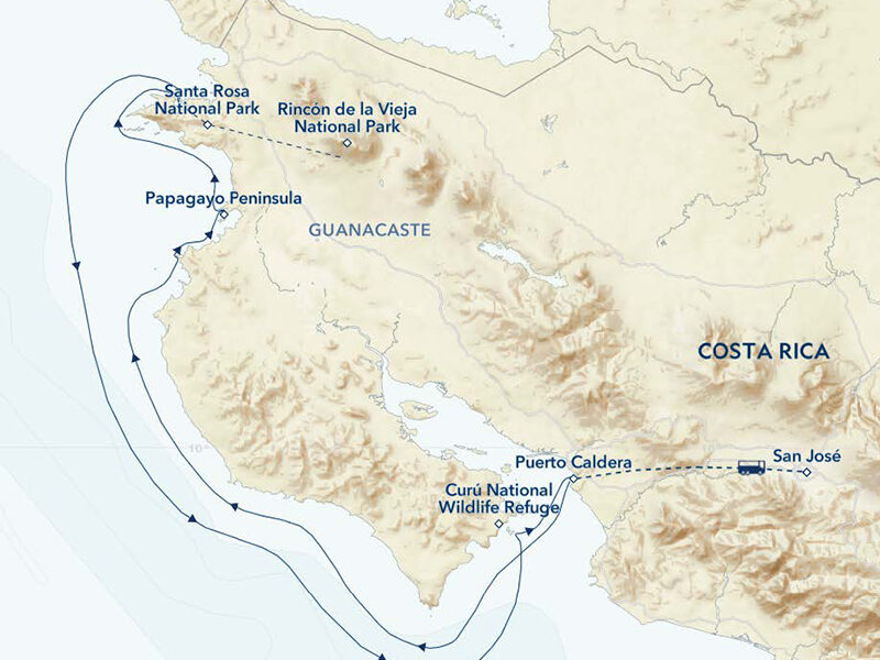 Route map of small ship cruise exploring the western coast of Costa Rica