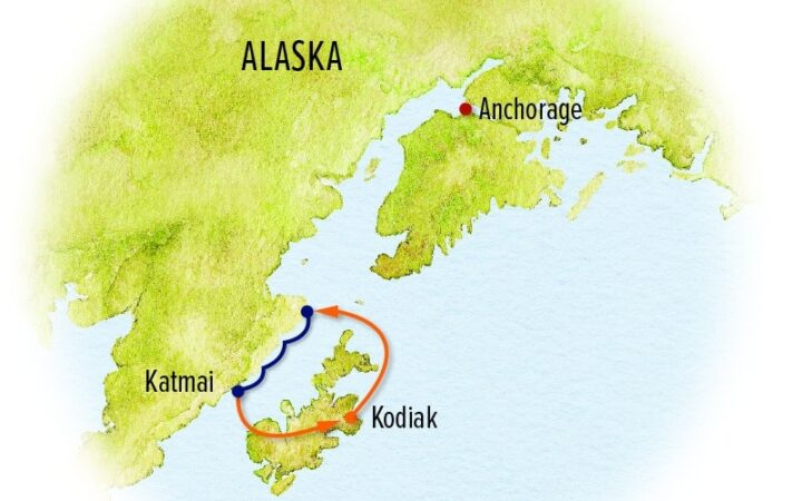 The Great Alaskan Grizzly Encounter route map from Kodiak to Katmai National Park.