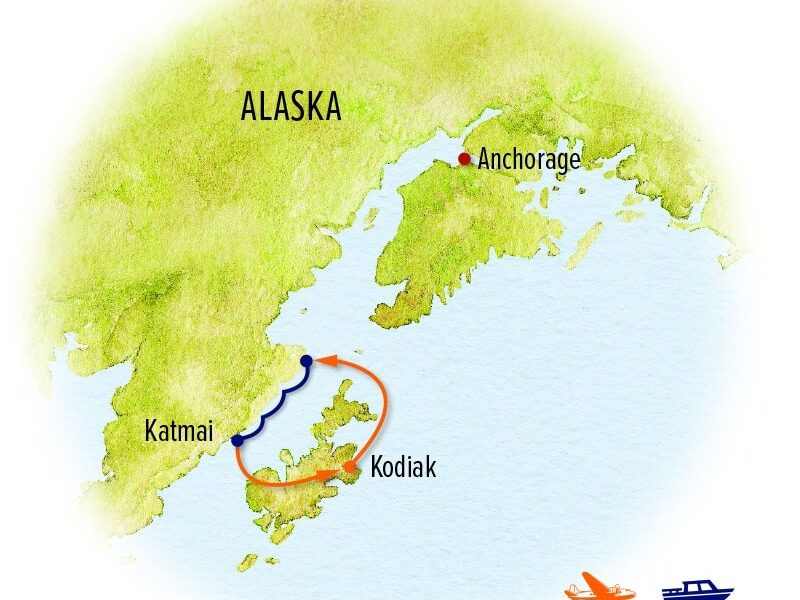 The Great Alaskan Grizzly Encounter route map from Kodiak to Katmai National Park.