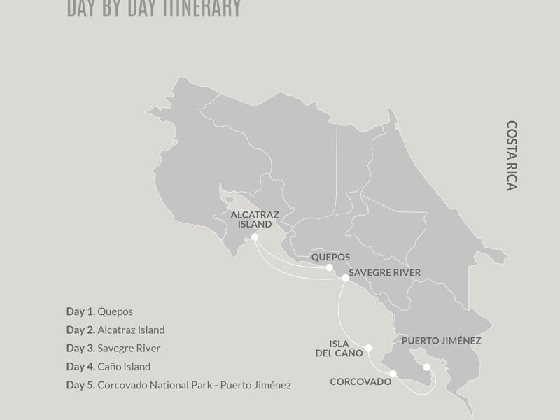Route map of 5-day southbound Kontiki Pura Vida Expedition cruise from Quepos to Puerto Jimenez, Costa Rica, with visits to the Osa Peninsula, Corcovado National Park, Del Cano & Alcatraz Islands & Manuel Antonio.