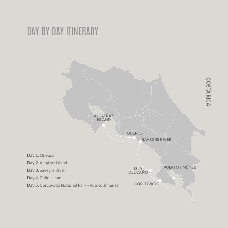 Route map of 5-day southbound Kontiki Pura Vida Expedition cruise from Quepos to Puerto Jimenez, Costa Rica, with visits to the Osa Peninsula, Corcovado National Park, Del Cano & Alcatraz Islands & Manuel Antonio.