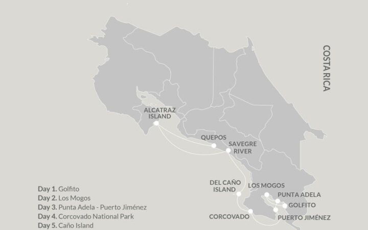 Route map of 8-day northbound Kontiki Pura Vida Expedition cruise from Golfito to Quepos, Costa Rica, with visits to the Osa Peninsula, Corcovado National Park, Del Cano & Alcatraz Islands & Manuel Antonio.