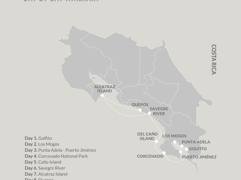 Route map of 8-day northbound Kontiki Pura Vida Expedition cruise from Golfito to Quepos, Costa Rica, with visits to the Osa Peninsula, Corcovado National Park, Del Cano & Alcatraz Islands & Manuel Antonio.