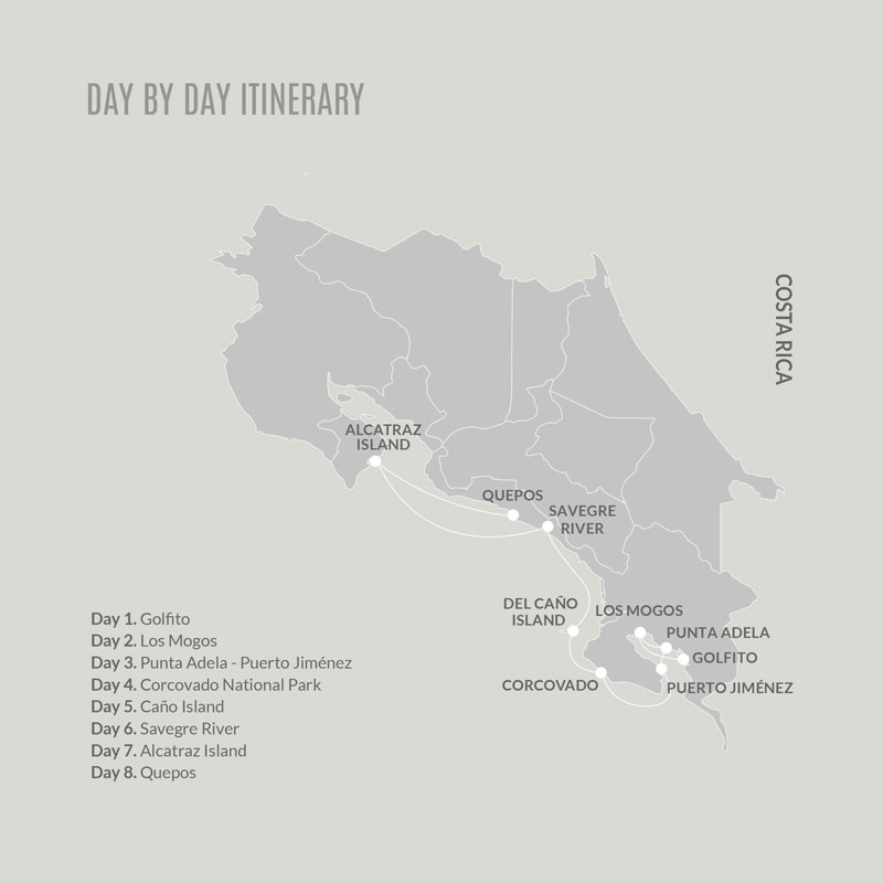 Route map of 8-day northbound Kontiki Pura Vida Expedition cruise from Golfito to Quepos, Costa Rica, with visits to the Osa Peninsula, Corcovado National Park, Del Cano & Alcatraz Islands & Manuel Antonio.