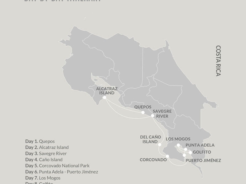 Route map of 8-day southbound Kontiki Pura Vida Expedition cruise from Quepos to Golfito, Costa Rica, with visits to the Osa Peninsula, Corcovado National Park, Del Cano & Alcatraz Islands & Manuel Antonio.