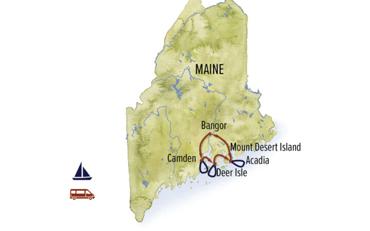 Route map of Maine Coastal Explorer multi-day trip round-trip from Bangor with visits to Acadia National Park, Camden, Deer Isles & Bar Harbor.