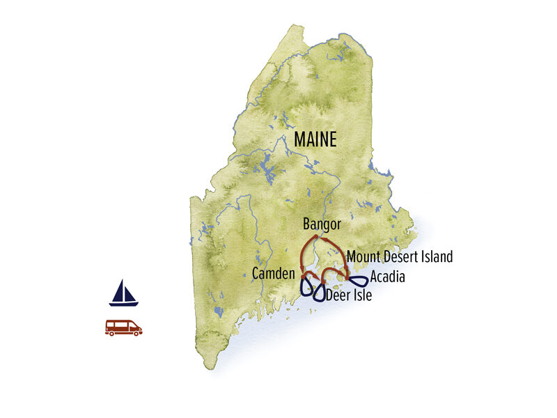 Route map of Maine Coastal Explorer multi-day trip round-trip from Bangor with visits to Acadia National Park, Camden, Deer Isles & Bar Harbor.