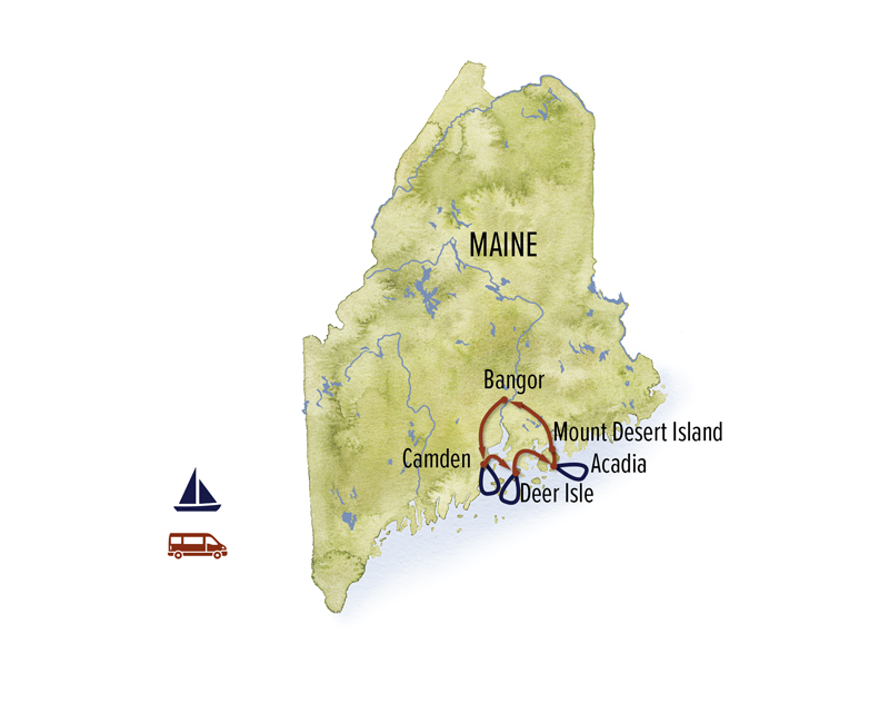 Route map of Maine Coastal Explorer multi-day trip round-trip from Bangor with visits to Acadia National Park, Camden, Deer Isles & Bar Harbor.