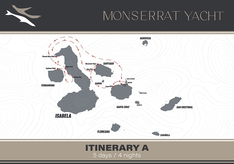 Route map of 5-day West Monserrat Galapagos Cruise, round-trip from Baltra, with visits to Santa Cruz, Santiago, Isabela & Fernandina.
