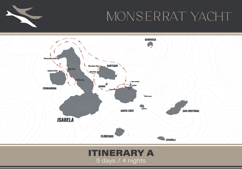 Route map of 5-day West Monserrat Galapagos Cruise, round-trip from Baltra with visits to Santa Cruz, Santiago, Fernandina & Isabela.