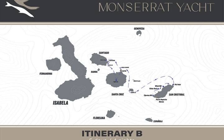 Route map of 5-day East Monserrat Galapagos Cruise, from Baltra to San Cristobal with visits to Santa Cruz, Chinese Hat, Santiago, North Seymour & Santa Fe.