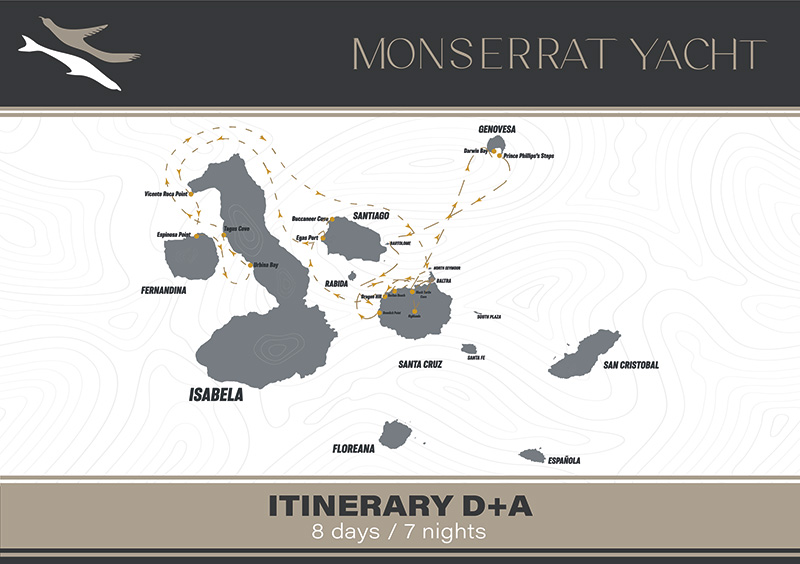 Route map of 8-day West Monserrat Galapagos Cruise, round-trip from Baltra, with visits to Santa Cruz, Genovesa, Bartolome, Santiago, Isabela & Fernandina.