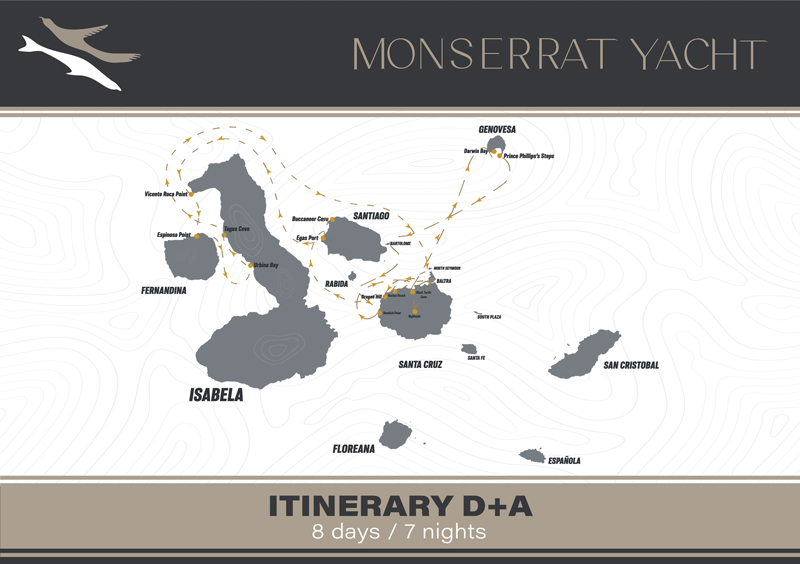 Route map of 8-day West Monserrat Galapagos Cruise, round-trip from Baltra with visits to Santa Cruz, Genovesa, Bartolome, back to Santa Cruz, Santiago, Fernandina & Isabela.