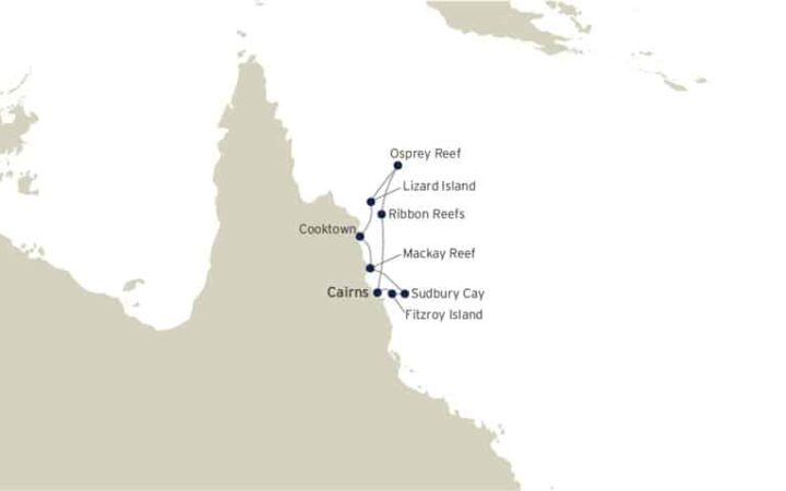 Route map of Outerknown Adventures on the Great Barrier Reef Cruises, operating round-trip from Cairns, Australia.