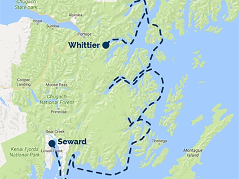 Route map of Seward-Whittier alternative itinerary for Prince William Sound Cruise & Rail Adventure.