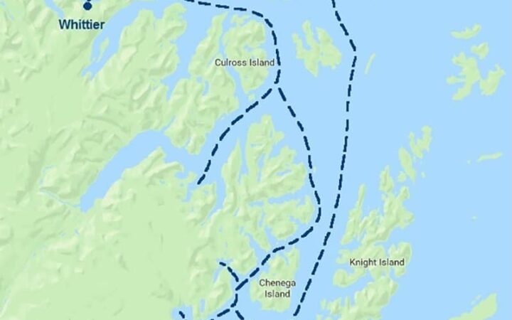 Route map of round-trip Whittier itinerary for Prince William Sound Cruise & Rail Adventure.