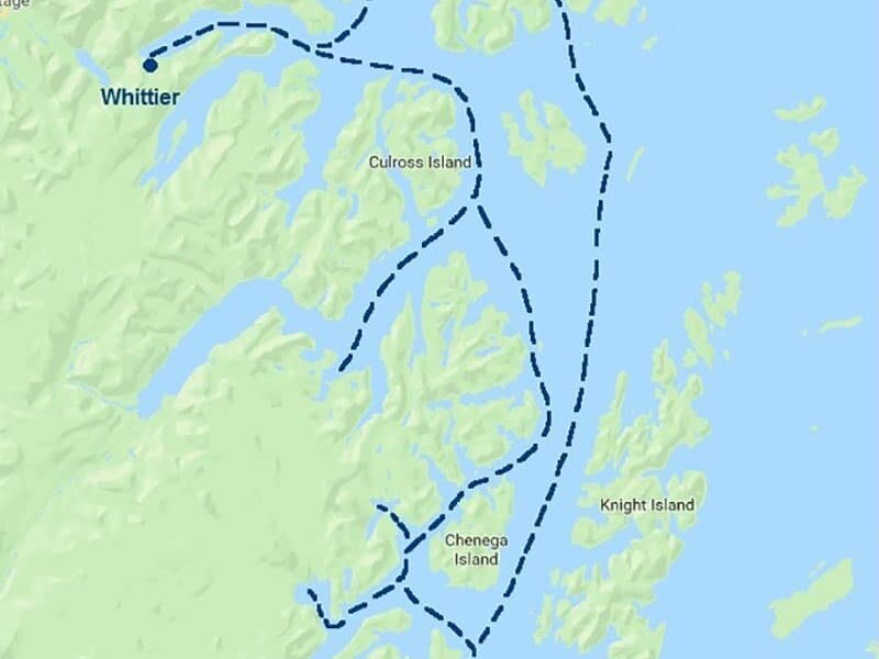 Route map of round-trip Whittier itinerary for Prince William Sound Cruise & Rail Adventure.