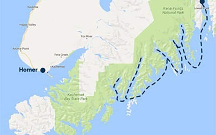 Route map of Sea Star Kenai Fjords National Park Cruise, operating round-trip from Seward, AK.