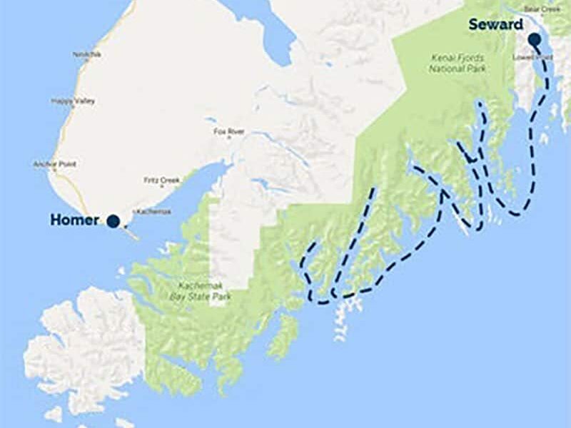 Route map of Sea Star Kenai Fjords National Park Cruise, operating round-trip from Seward, AK.