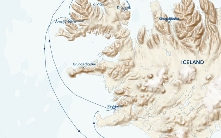 Route map of 5-day Wild Iceland Escape Arctic voyage, operating round-trip from Reykjavik with visits to Djúpavík, Arnafjordur, Surtsey Island, Heimaey Island & the Westman Islands.