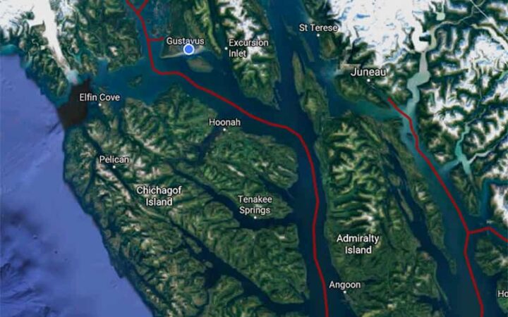 Route map of 10- & 11-day Sea Wolf Juneau to Glacier Bay or reverse small ship cruise, with stops along Alaska's Inside Passage.