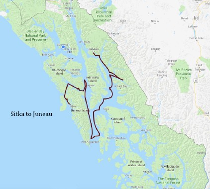 An illustrated line shows the route of the Sea Wolf Southeast Alaska cruise from Sitka to Juneau