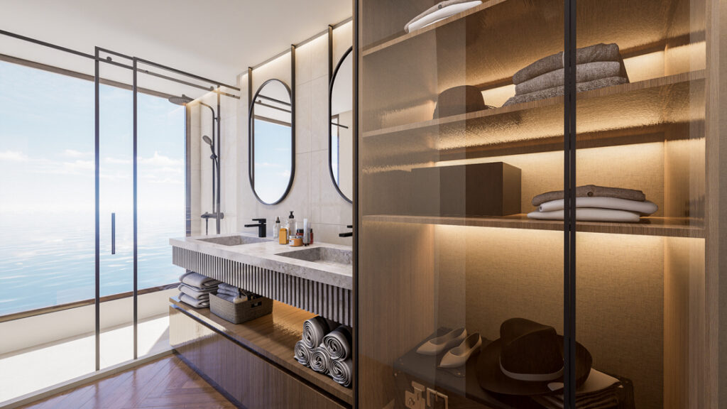 Smart glass on closet shelves and the bathroom vanity in a cabin aboard the Grand Ocean Spray Galapagos catamaran