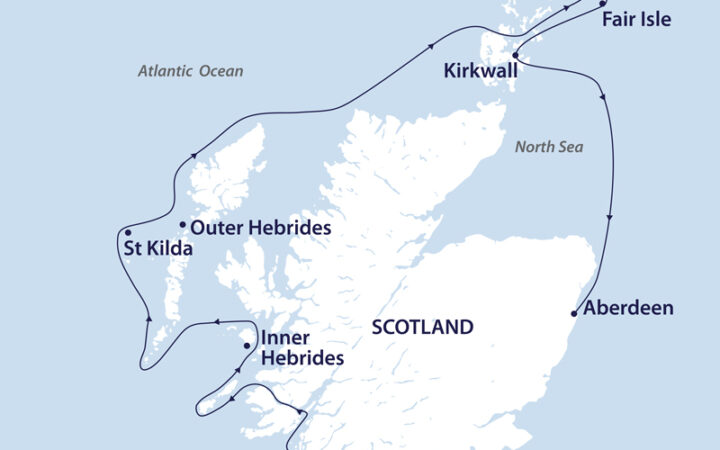 Route map of Wild Scotland cruise, operating from Edinburgh overland to embark in Troon, then up the west coast to the Shetland Islands before ending in Aberdeen on the east coast.