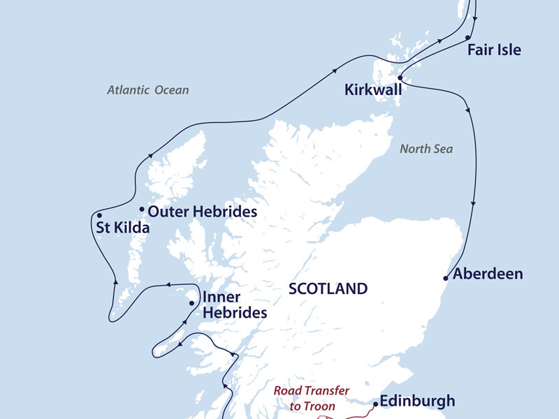 Route map of Wild Scotland cruise, operating from Edinburgh overland to embark in Troon, then up the west coast to the Shetland Islands before ending in Aberdeen on the east coast.