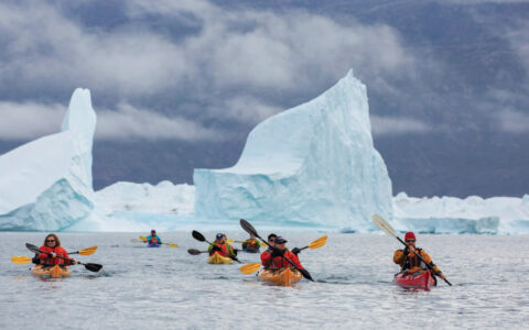 Five kayakers seen in the water in front of giant white icebergs.