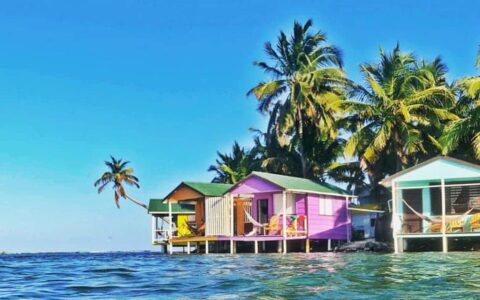 Colorful beach houses sit on stilts above clear blue waters with palm trees above, on a sunny day.