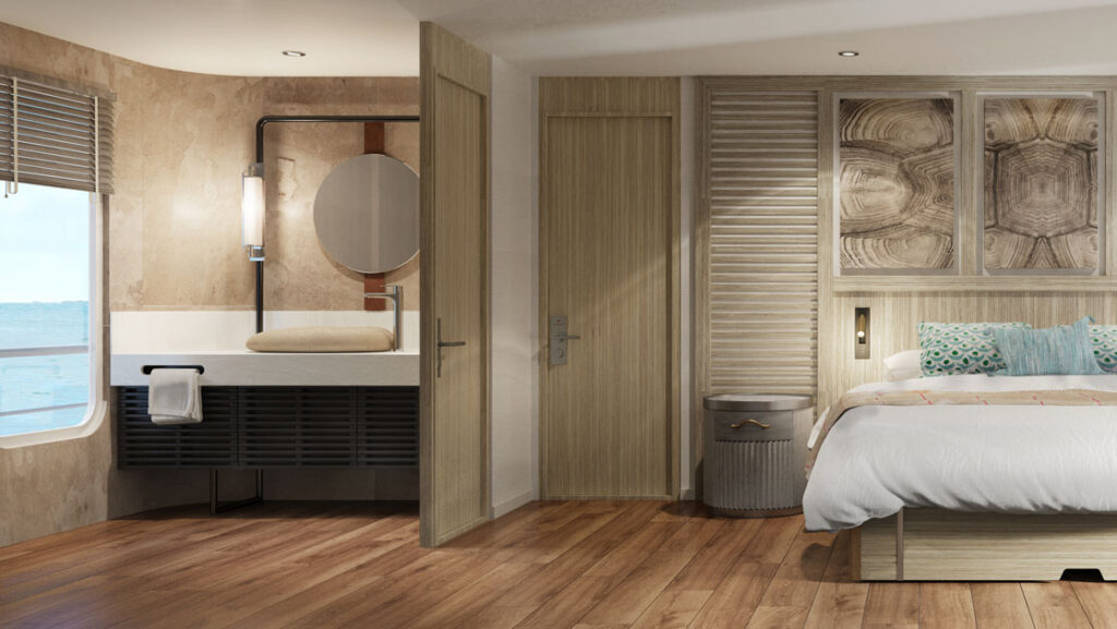 A rendering showing a suite aboard the new yacht Conservation in Galapagos with bed and bathroom vanity seen in a neutral color interior palette
