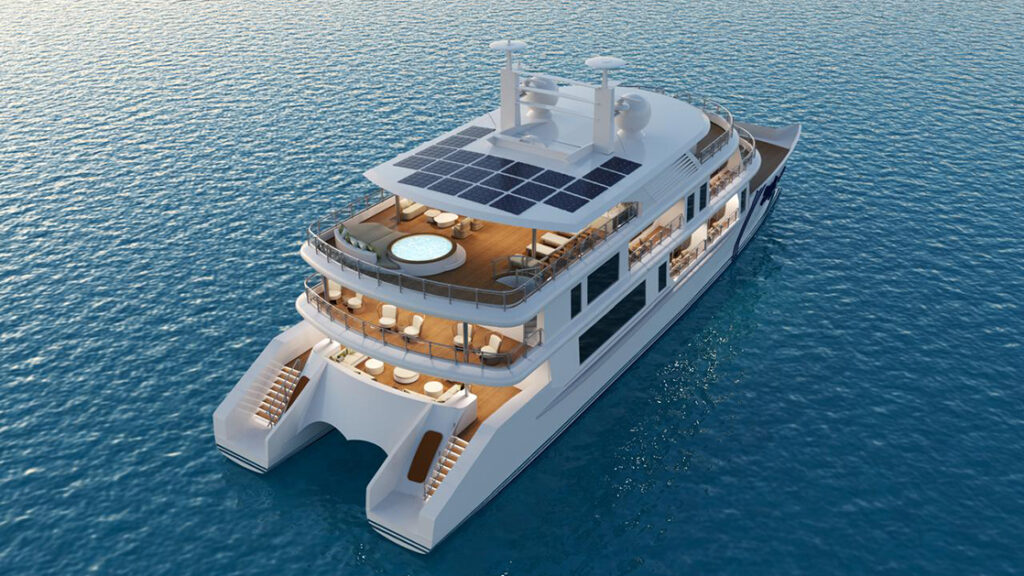 Rendering overview of Small ship cruise Grand Ocean Spray cruising through open waters in the Galapagos