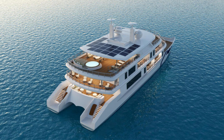 Rendering overview of Small ship cruise Grand Ocean Spray cruising through open waters in the Galapagos