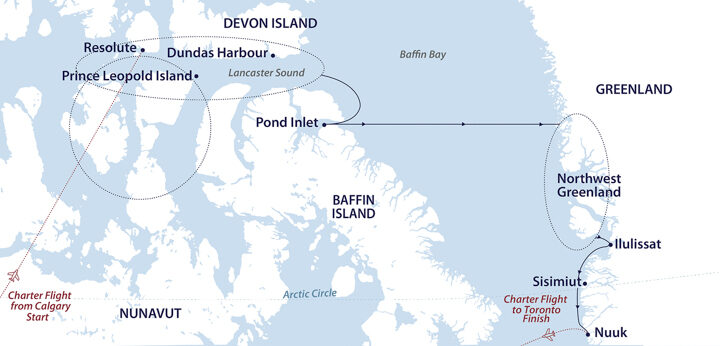 White & blue map showing the westbound path of the Northwest Passage expedition from Toronto to Calgary.