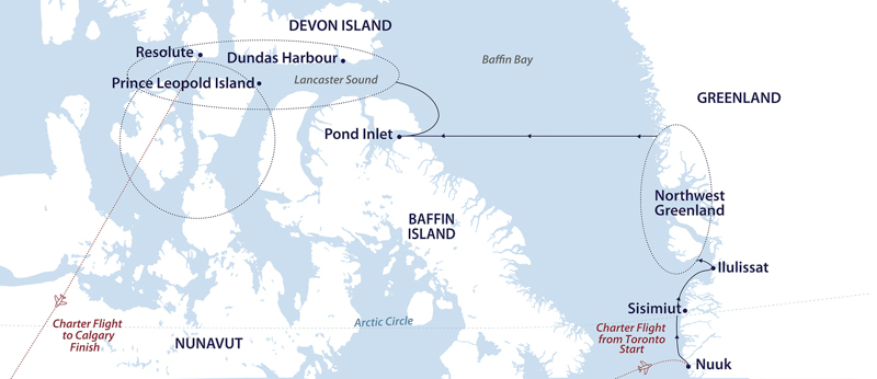 White & blue map showing the westbound path of the Northwest Passage expedition from Toronto to Calgary.