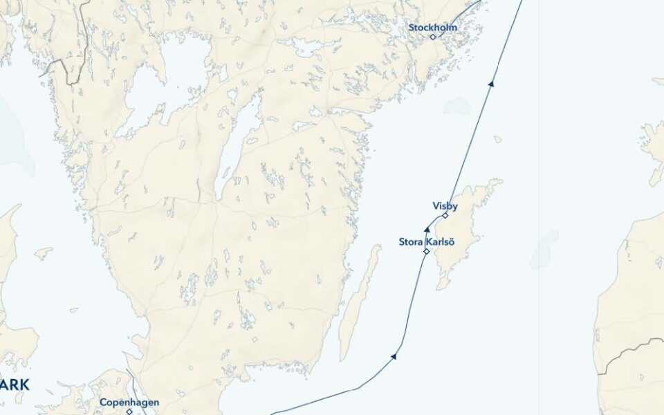 route map of small ship cruise from Copenhagen, Denmark, to Stockholm, Sweden aboard nat geo endurnace small ship cruise