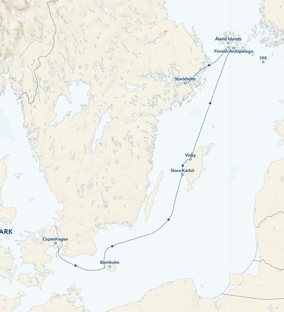 route map of small ship cruise from Copenhagen, Denmark, to Stockholm, Sweden aboard nat geo endurnace small ship cruise