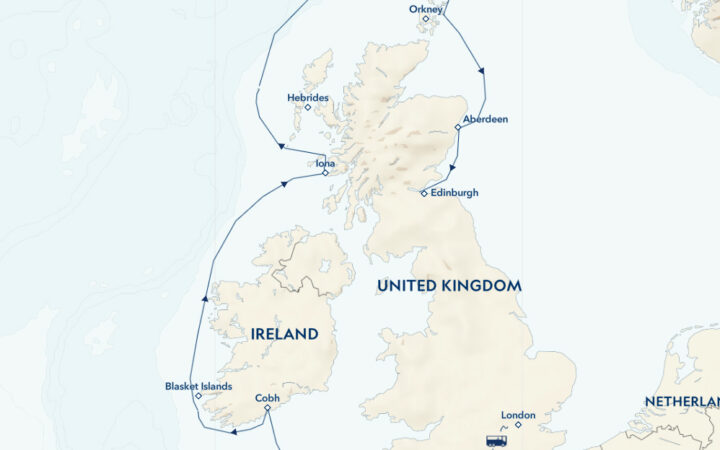 Route map of Ancient Isles: England, Ireland & Scotland cruise northbound from London to Edinburgh with visits along all 3 countries.