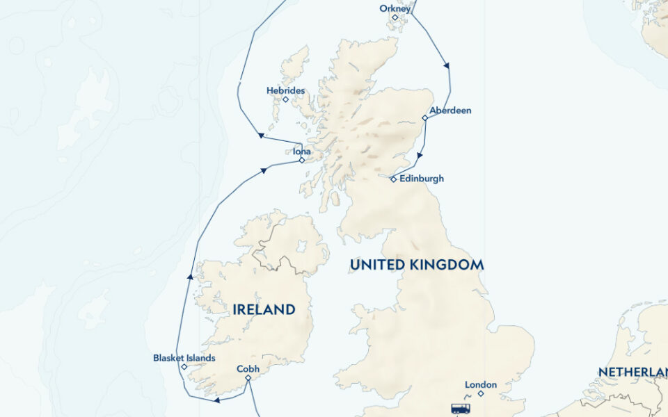 Route map of Ancient Isles: England, Ireland & Scotland cruise northbound from London to Edinburgh with visits along all 3 countries.